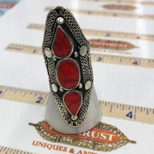 Afghan Three Stone Ring: Handmade Tribal Silver Alloy Jewelry